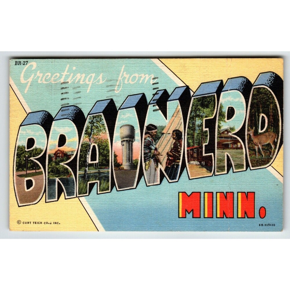 Greetings From Brainerd Minnesota Large Letter Postcard Linen Curt Teich 1949